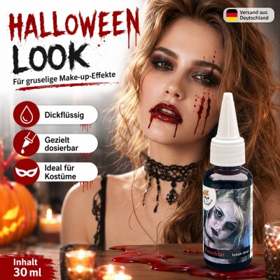 Dickflüssiges Kunstblut 30 ml mit Dosierer – Theaterblut / Filmblut für Halloween Make-up, Zombie, Vampir, SFX, Cosplay, Fasnacht, Karneval & Mottoparty