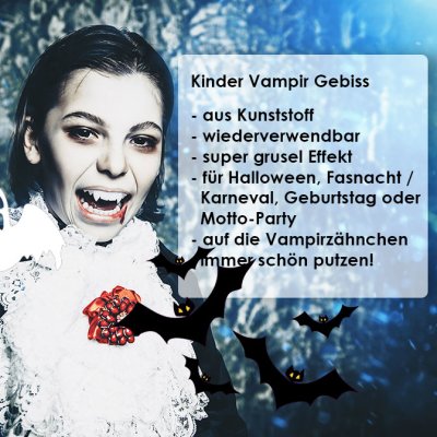 King of Halloween Vampirzähne für Kinder 6-10 Jahre, Sicher & Kinderfreundlich, Ungefährlich für die Zähne, Halloween Party Accessoire, Cosplay Dracula Vampirgebiss (35x55mm)