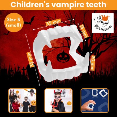 King of Halloween Vampirzähne für Kinder 6-10 Jahre, Sicher & Kinderfreundlich, Ungefährlich für die Zähne, Halloween Party Accessoire, Cosplay Dracula Vampirgebiss (35x55mm)