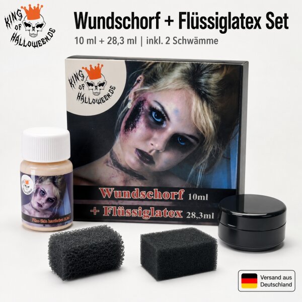 Halloween SFX Make-up Set – Wundschorf 10 ml + Flüssiglatex Nude 28,3 ml + 2 Schwämme – für Zombie, Narben, Krusten, 3D-Effekte, Cosplay, Fasnacht & Mottoparty