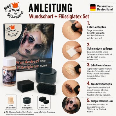 Halloween SFX Make-up Set – Wundschorf 10 ml + Flüssiglatex Nude 28,3 ml + 2 Schwämme – für Zombie, Narben, Krusten, 3D-Effekte, Cosplay, Fasnacht & Mottoparty