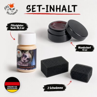 Halloween SFX Make-up Set – Wundschorf 10 ml + Flüssiglatex Nude 28,3 ml + 2 Schwämme – für Zombie, Narben, Krusten, 3D-Effekte, Cosplay, Fasnacht & Mottoparty
