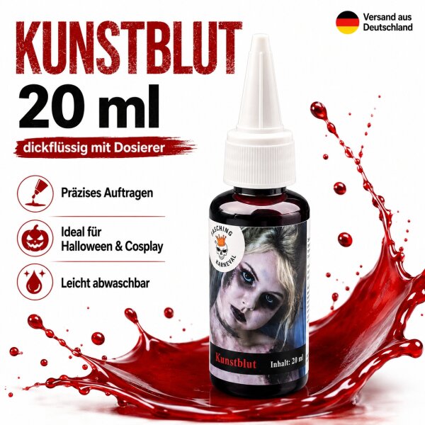 Kunstblut 20 ml Dickflüssig mit Dosierer – Rotes Halloween SFX Theaterblut für Vampir, Zombie, Horror Make-up, Cosplay, Fasching, Karneval & Mottoparty