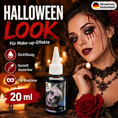 Kunstblut 20 ml Dickflüssig mit Dosierer – Rotes Halloween SFX Theaterblut für Vampir, Zombie, Horror Make-up, Cosplay, Fasching, Karneval & Mottoparty