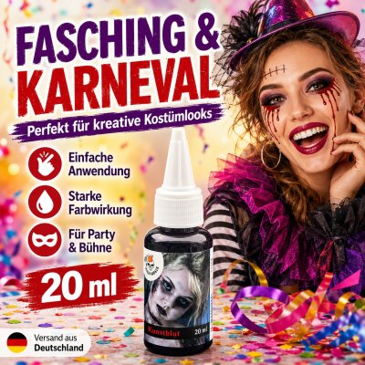 Kunstblut 20 ml Dickflüssig mit Dosierer – Rotes Halloween SFX Theaterblut für Vampir, Zombie, Horror Make-up, Cosplay, Fasching, Karneval & Mottoparty