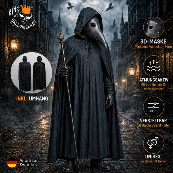 Pestdoktor Kostüm Set mit 3D Schnabelmaske & schwarzem Kapuzenumhang – Unisex Halloween Kostüm für Erwachsene & Jugendliche, Größen XS–XXL