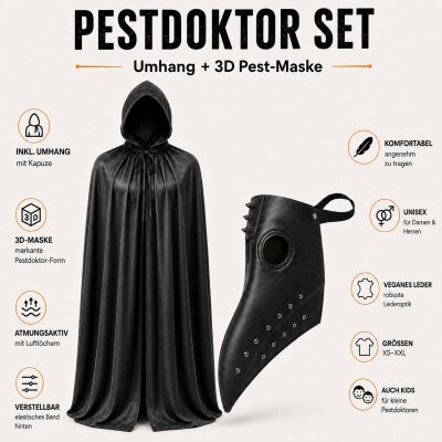 Pestdoktor Kostüm Set mit 3D Schnabelmaske &...