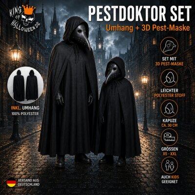Pestdoktor Kostüm Set mit 3D Schnabelmaske & schwarzem Kapuzenumhang – Unisex Halloween Kostüm für Erwachsene & Jugendliche, Größen XS–XXL