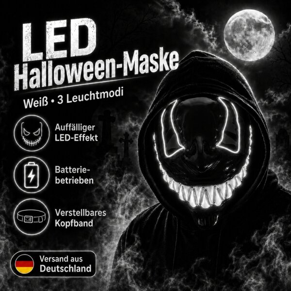 LED Halloween Maske Weiß mit 3 Leuchtmodi – Leuchtende Gruselmaske mit verstellbarem Kopfband, batteriebetrieben, für Halloween, Karneval, Cosplay & Partys