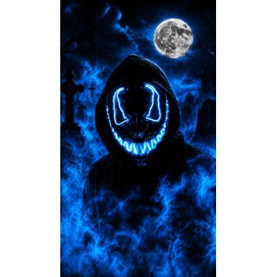 LED Halloween Maske Blau mit 3 Leuchtmodi – Leuchtende Gruselmaske mit verstellbarem Kopfband, batteriebetrieben, für Halloween, Karneval, Cosplay & Partys