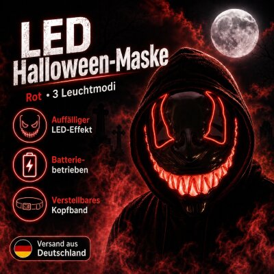 LED Halloween Maske Rot mit 3 Leuchtmodi –...