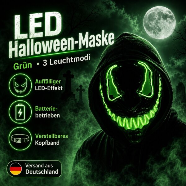 LED Halloween Maske Grün mit 3 Leuchtmodi – Leuchtende Gruselmaske mit verstellbarem Kopfband, batteriebetrieben, für Halloween, Karneval, Cosplay & Partys