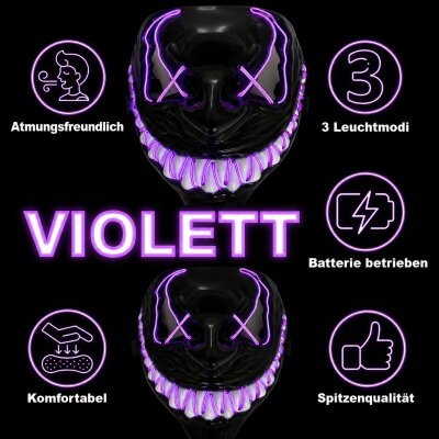 LED Halloween Maske Violett mit 3 Leuchtmodi –...