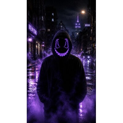 LED Halloween Maske Violett mit 3 Leuchtmodi – Leuchtende Gruselmaske mit verstellbarem Kopfband, batteriebetrieben, für Halloween, Karneval, Cosplay & Partys
