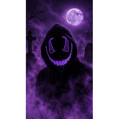 LED Halloween Maske Violett mit 3 Leuchtmodi – Leuchtende Gruselmaske mit verstellbarem Kopfband, batteriebetrieben, für Halloween, Karneval, Cosplay & Partys