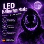 LED Halloween Maske Violett mit 3 Leuchtmodi – Leuchtende Gruselmaske mit verstellbarem Kopfband, batteriebetrieben, für Halloween, Karneval, Cosplay & Partys