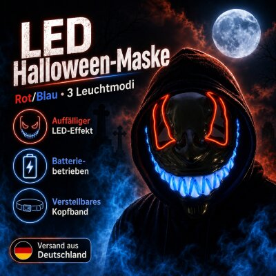 LED Halloween Maske Rot/Blau mit 3 Leuchtmodi –...