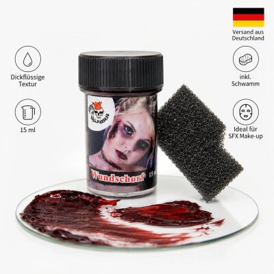 Wundschorf 15 ml inkl. grobem Schwamm – Dickflüssiges Krustenblut/Kunstblut für Halloween Make-up, Zombie, Vampir, Horror Wunden, Cosplay, Fasching & SFX