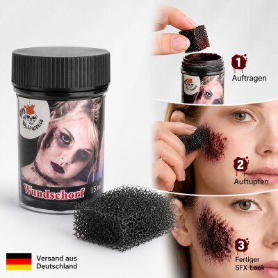 Wundschorf 15 ml inkl. grobem Schwamm – Dickflüssiges Krustenblut/Kunstblut für Halloween Make-up, Zombie, Vampir, Horror Wunden, Cosplay, Fasching & SFX
