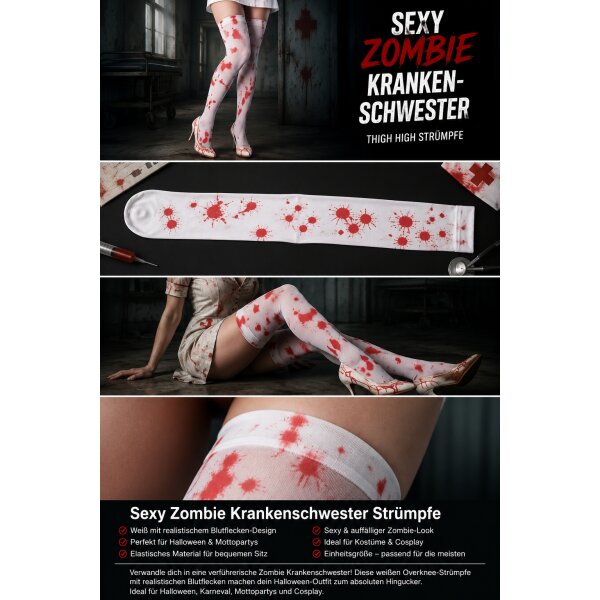 Halloween Zombie Krankenschwester Overknees Damen – Thigh High Strümpfe mit Blut-Effekt – Horror Kostüm Zubehör für Halloween, Party & Cosplay