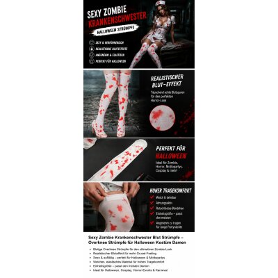 Halloween Zombie Krankenschwester Overknees Damen – Thigh High Strümpfe mit Blut-Effekt – Horror Kostüm Zubehör für Halloween, Party & Cosplay