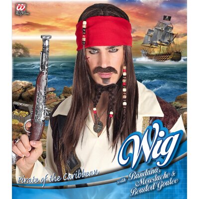 Piraten-Perücke mit Bandana/Schnurr und Kinnbart