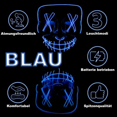 LED Maske Halloween für Erwachsene – leuchtende Horror Maske mit 3 Lichtmodi, Einheitsgröße, Blau – King of Halloween