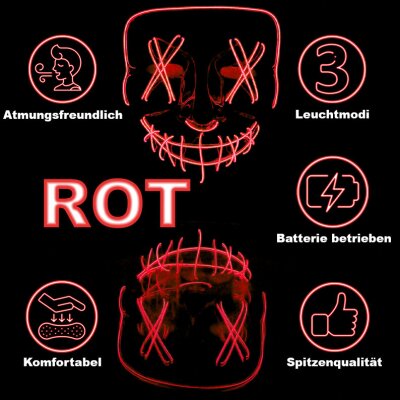 LED Maske Halloween für Erwachsene – leuchtende Horror Maske mit 3 Lichtmodi, Einheitsgröße, Rot – King of Halloween