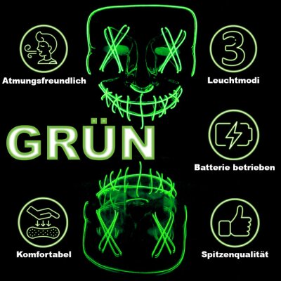 LED Maske Halloween für Erwachsene – leuchtende Horror Maske mit 3 Lichtmodi, Einheitsgröße, Grün – King of Halloween
