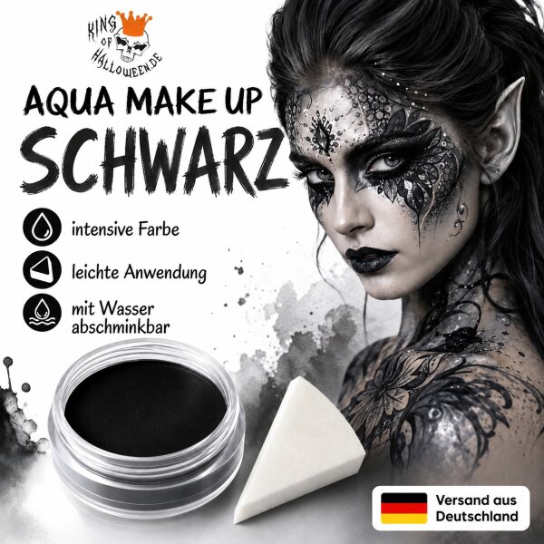 Premium Aquaschminke Schwarz 14 g mit passendem Schminkschwamm – wasseraktivierbare Gesichtsfarbe mit hoher Deckkraft für Halloween Make-up, Karneval, Fasching, Cosplay, Theater, Bühne, Gothic Look, Totenkopf, Skelett, Zombie, Hexe, Vampir, Teufel, Horror