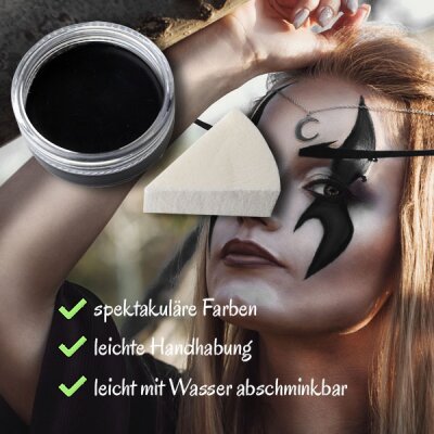 Premium Aquaschminke Schwarz 14 g mit passendem Schminkschwamm – wasseraktivierbare Gesichtsfarbe mit hoher Deckkraft für Halloween Make-up, Karneval, Fasching, Cosplay, Theater, Bühne, Gothic Look, Totenkopf, Skelett, Zombie, Hexe, Vampir, Teufel, Horror