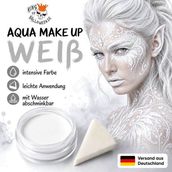 Premium Aquaschminke Weiß 14 g mit passendem Schminkschwamm – wasseraktivierbare Gesichtsfarbe mit hoher Deckkraft für Halloween Make-up, Karneval, Fasching, Cosplay, Theater, Bühne, Gothic Look, Totenkopf, Skelett, Zombie, Hexe, Vampir, Teufel, Horror Ko
