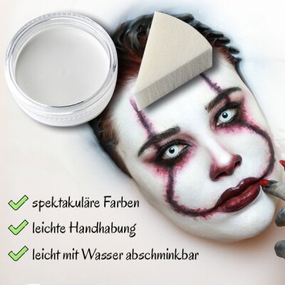 Premium Aquaschminke Weiß 14 g mit passendem Schminkschwamm – wasseraktivierbare Gesichtsfarbe mit hoher Deckkraft für Halloween Make-up, Karneval, Fasching, Cosplay, Theater, Bühne, Gothic Look, Totenkopf, Skelett, Zombie, Hexe, Vampir, Teufel, Horror Ko