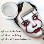 Premium Aquaschminke Weiß 14 g mit passendem Schminkschwamm – wasseraktivierbare Gesichtsfarbe mit hoher Deckkraft für Halloween Make-up, Karneval, Fasching, Cosplay, Theater, Bühne, Gothic Look, Totenkopf, Skelett, Zombie, Hexe, Vampir, Teufel, Horror Ko