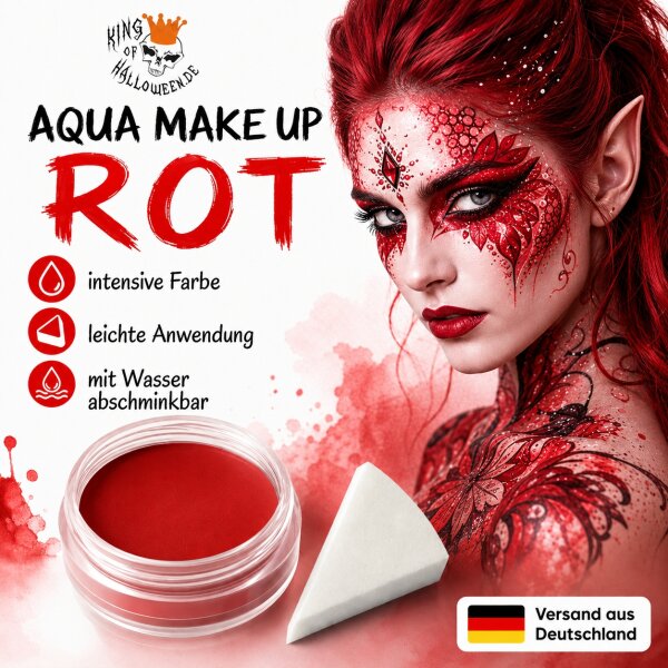 Premium Aquaschminke Rot 14 g mit passendem Schminkschwamm – wasseraktivierbare Gesichtsfarbe mit hoher Deckkraft für Halloween Make-up, Karneval, Fasching, Cosplay, Theater, Bühne, Gothic Look, Totenkopf, Skelett, Zombie, Hexe, Vampir, Teufel, Horror Kos