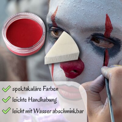 Premium Aquaschminke Rot 14 g mit passendem Schminkschwamm – wasseraktivierbare Gesichtsfarbe mit hoher Deckkraft für Halloween Make-up, Karneval, Fasching, Cosplay, Theater, Bühne, Gothic Look, Totenkopf, Skelett, Zombie, Hexe, Vampir, Teufel, Horror Kos
