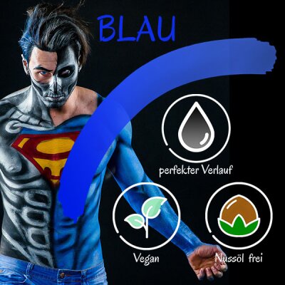 Premium Aquaschminke Blau 14 g mit passendem Schminkschwamm – wasseraktivierbare Gesichtsfarbe mit hoher Deckkraft für Halloween Make-up, Karneval, Fasching, Cosplay, Theater, Bühne, Gothic Look, Totenkopf, Skelett, Zombie, Hexe, Vampir, Teufel, Horror Ko