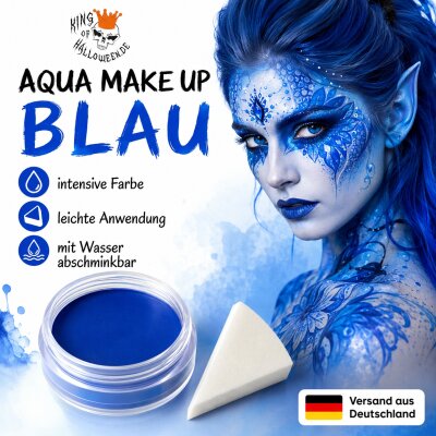 Premium Aquaschminke Blau 14 g mit passendem Schminkschwamm – wasseraktivierbare Gesichtsfarbe mit hoher Deckkraft für Halloween Make-up, Karneval, Fasching, Cosplay, Theater, Bühne, Gothic Look, Totenkopf, Skelett, Zombie, Hexe, Vampir, Teufel, Horror Ko