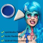 Premium Aquaschminke Blau 14 g mit passendem Schminkschwamm – wasseraktivierbare Gesichtsfarbe mit hoher Deckkraft für Halloween Make-up, Karneval, Fasching, Cosplay, Theater, Bühne, Gothic Look, Totenkopf, Skelett, Zombie, Hexe, Vampir, Teufel, Horror Ko
