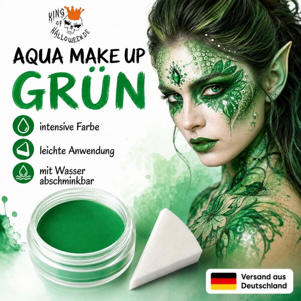 Premium Aquaschminke Grün 14 g mit passendem Schminkschwamm – wasseraktivierbare Gesichtsfarbe mit hoher Deckkraft für Halloween Make-up, Karneval, Fasching, Cosplay, Theater, Bühne, Gothic Look, Totenkopf, Skelett, Zombie, Hexe, Vampir, Teufel, Horror Ko