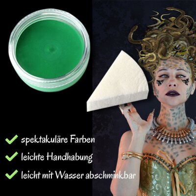 Premium Aquaschminke Grün 14 g mit passendem Schminkschwamm – wasseraktivierbare Gesichtsfarbe mit hoher Deckkraft für Halloween Make-up, Karneval, Fasching, Cosplay, Theater, Bühne, Gothic Look, Totenkopf, Skelett, Zombie, Hexe, Vampir, Teufel, Horror Ko
