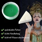 Premium Aquaschminke Grün 14 g mit passendem Schminkschwamm – wasseraktivierbare Gesichtsfarbe mit hoher Deckkraft für Halloween Make-up, Karneval, Fasching, Cosplay, Theater, Bühne, Gothic Look, Totenkopf, Skelett, Zombie, Hexe, Vampir, Teufel, Horror Ko