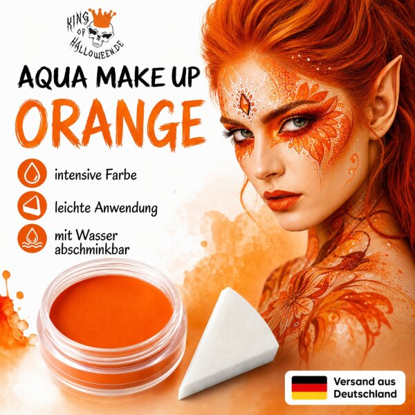 Premium Aquaschminke Orange 14 g mit passendem Schminkschwamm – wasseraktivierbare Gesichtsfarbe mit hoher Deckkraft für Halloween Make-up, Karneval, Fasching, Cosplay, Theater, Bühne, Gothic Look, Totenkopf, Skelett, Zombie, Hexe, Vampir, Teufel, Horror