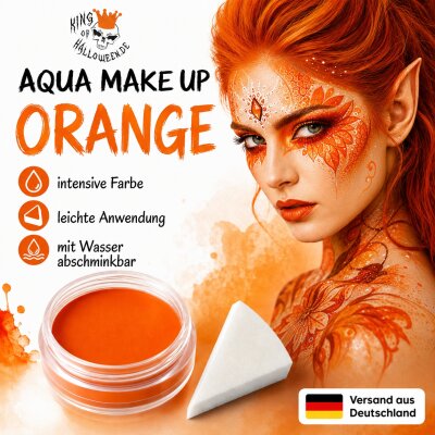 Premium Aquaschminke Orange 14 g mit passendem Schminkschwamm – wasseraktivierbare Gesichtsfarbe mit hoher Deckkraft für Halloween Make-up, Karneval, Fasching, Cosplay, Theater, Bühne, Gothic Look, Totenkopf, Skelett, Zombie, Hexe, Vampir, Teufel, Horror