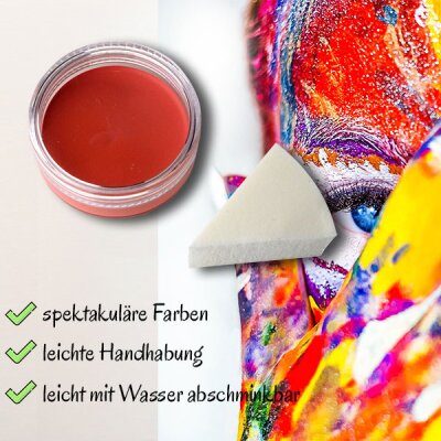 Premium Aquaschminke Orange 14 g mit passendem Schminkschwamm – wasseraktivierbare Gesichtsfarbe mit hoher Deckkraft für Halloween Make-up, Karneval, Fasching, Cosplay, Theater, Bühne, Gothic Look, Totenkopf, Skelett, Zombie, Hexe, Vampir, Teufel, Horror