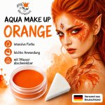 Premium Aquaschminke Orange 14 g mit passendem Schminkschwamm – wasseraktivierbare Gesichtsfarbe mit hoher Deckkraft für Halloween Make-up, Karneval, Fasching, Cosplay, Theater, Bühne, Gothic Look, Totenkopf, Skelett, Zombie, Hexe, Vampir, Teufel, Horror