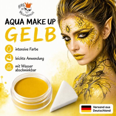 Premium Aquaschminke Gelb 14 g mit passendem Schminkschwamm – wasseraktivierbare Gesichtsfarbe mit hoher Deckkraft für Halloween Make-up, Karneval, Fasching, Cosplay, Theater, Bühne, Gothic Look, Totenkopf, Skelett, Zombie, Hexe, Vampir, Teufel, Horror Ko