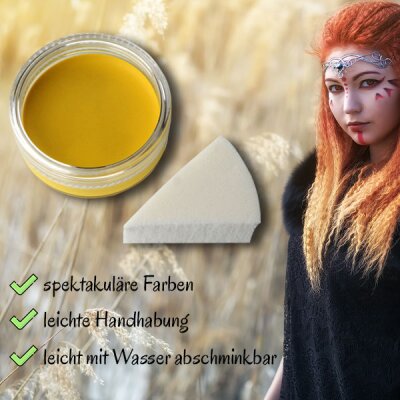 Premium Aquaschminke Gelb 14 g mit passendem Schminkschwamm – wasseraktivierbare Gesichtsfarbe mit hoher Deckkraft für Halloween Make-up, Karneval, Fasching, Cosplay, Theater, Bühne, Gothic Look, Totenkopf, Skelett, Zombie, Hexe, Vampir, Teufel, Horror Ko