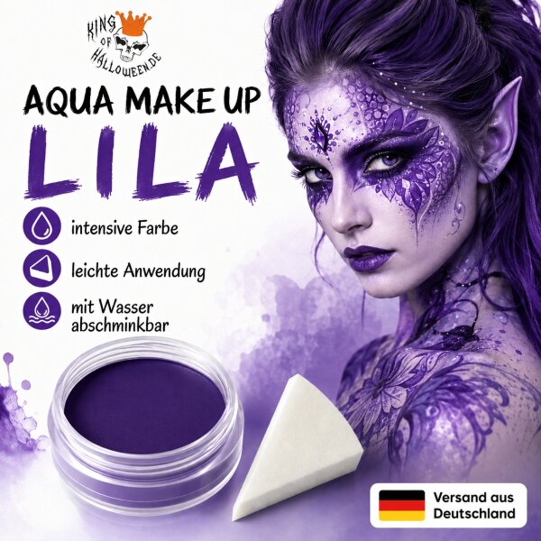 Premium Aquaschminke Violett 14 g mit passendem Schminkschwamm – wasseraktivierbare Gesichtsfarbe mit hoher Deckkraft für Halloween Make-up, Karneval, Fasching, Cosplay, Theater, Bühne, Gothic Look, Totenkopf, Skelett, Zombie, Hexe, Vampir, Teufel, Horror