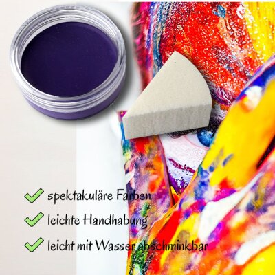 Premium Aquaschminke Violett 14 g mit passendem Schminkschwamm – wasseraktivierbare Gesichtsfarbe mit hoher Deckkraft für Halloween Make-up, Karneval, Fasching, Cosplay, Theater, Bühne, Gothic Look, Totenkopf, Skelett, Zombie, Hexe, Vampir, Teufel, Horror
